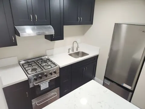 Modern navy kitchen cabinets with stainless steel appliances