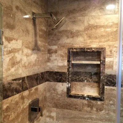Stone fireplace surround tile installation by Rocca Tile in the Inland Empire
